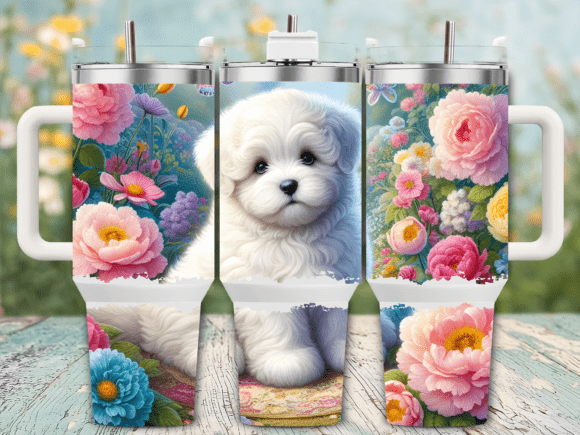 Cute White Puppy Floral 40oz Tumbler