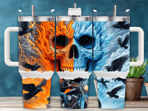 Dual Flame Skull Raven Tumbler Wrap
