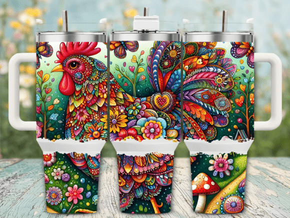 Folk Art Colorful Rooster 40oz Tumbler W