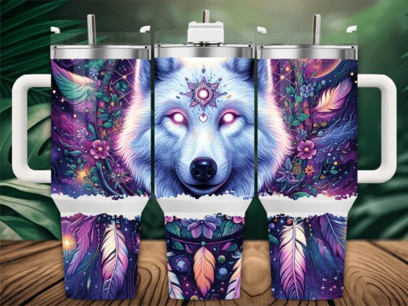 Mystical White Wolf Feather Tumbler Wrap Design